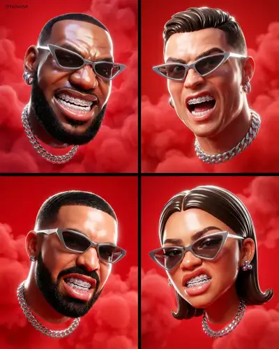 Hyper-stylized 3D head portrait with diamond braces and chrome accessories
