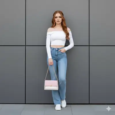 Legeres Streetwear-Ganzkörperporträt vor einer grauen Wand