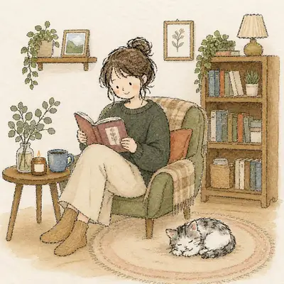 温馨水彩插画，女子与猫咪一同阅读