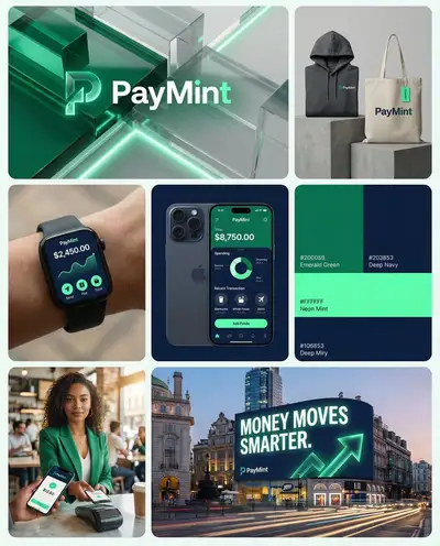 Fintech brand campaign grid with hero, app UI and billboard tiles