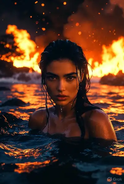 Cinematic Firelight Portrait: Woman Emerging from Night Water