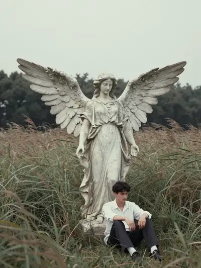 Ange de pierre usé dans une herbe agitée par le vent