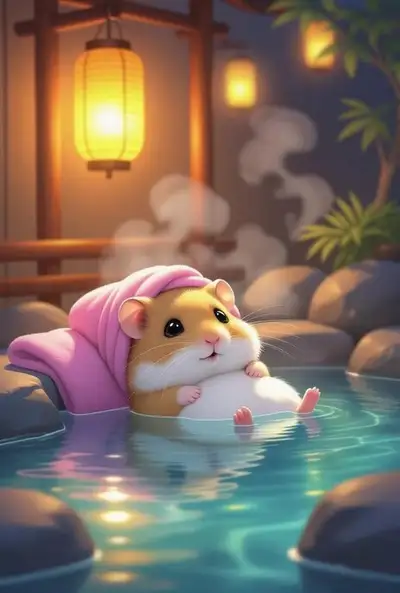 Albino-Hamster in einer Anime-Onsen-Szene