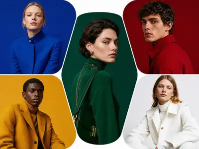 Color-block portrait collage of five fashion models