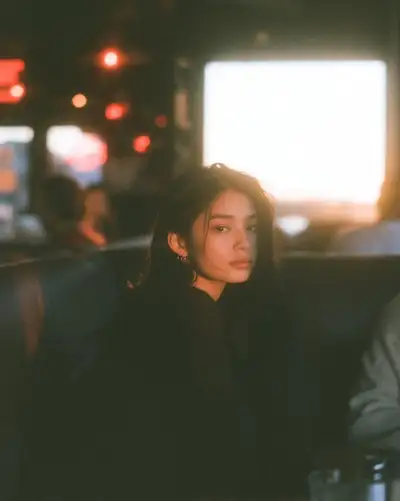 Moody golden hour cafe portrait, Midjourney V8.2