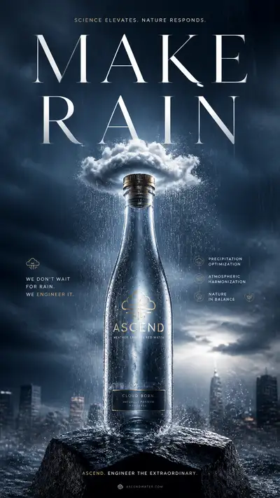 Conceptual bottled water ad that makes it rain