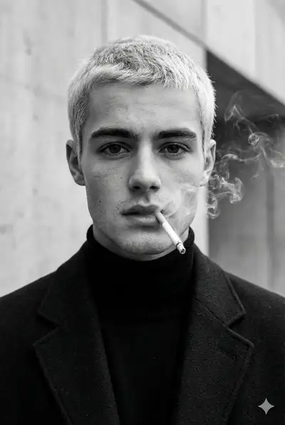 Black and white fashion portrait of a man with a cigarette