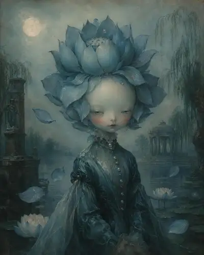 Skurriles, unheimliches Porträt einer anthropomorphen [FLOWER]-Person mit zarten