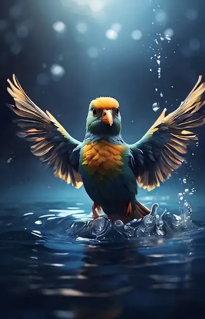 Bird floating above water with aura