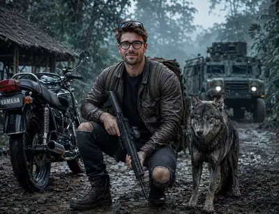 Cinematic Survival Scene with Motorcycle and Wolf