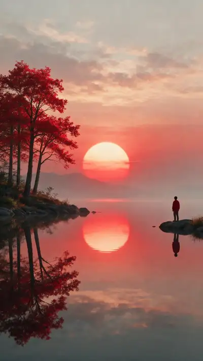 Tranquil Sunset Reflection with Contemplative Figure
