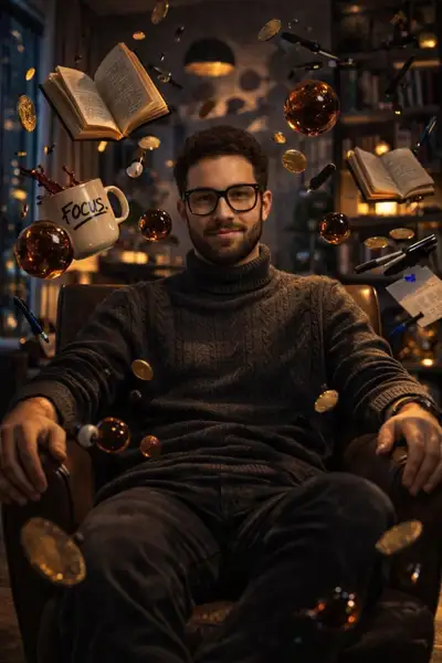 Retrato de gravedad cero con objetos flotantes y esferas de café