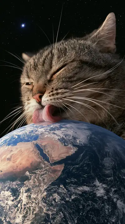 Giant Tabby Cat Licking Earth in Space