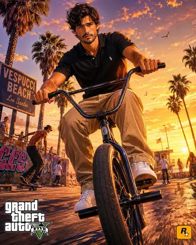 Prompt d'illustration promotionnelle style GTA de BMX sur la plage