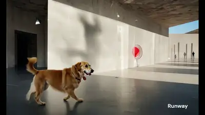 Golden Retriever in Brutalist Art Gallery Video Prompt