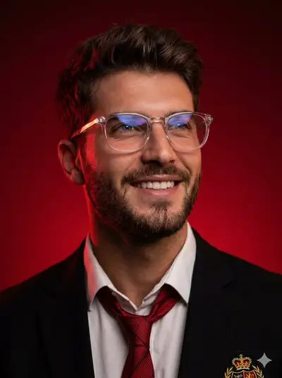 Retrato de estudio con luz clave roja y blazer con escudo
