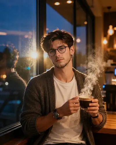 ブルーアワーのカフェライフスタイルポートレート、リムライティング付き