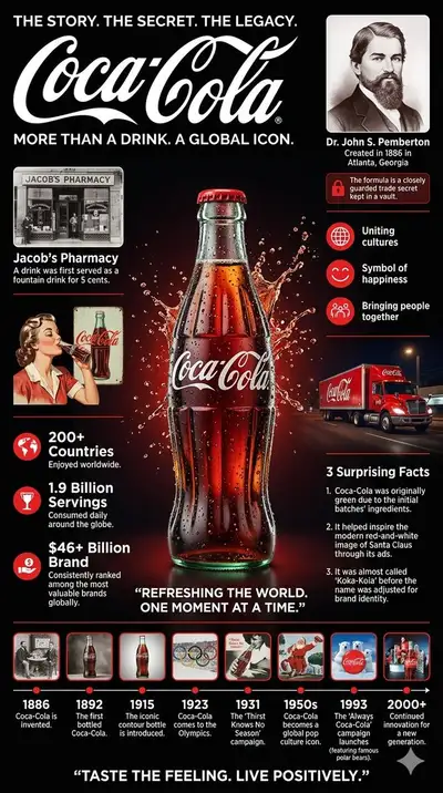 Dark luxury Coca-Cola history and culture infographic poster