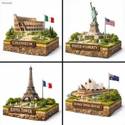 Miniature diorama of a landmark with cross-section soil layers