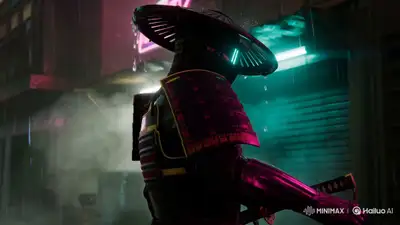 Cinematic-Aufnahme eines Cyberpunk-Samurai im Neonregen