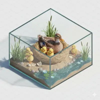 Isometric miniature diorama of a parrot feeding chicks in a nest