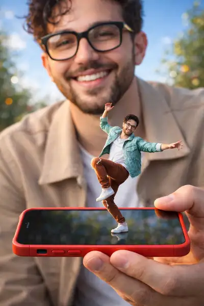 Forced-perspective giant and miniature dancer composite