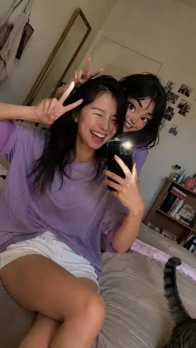 Selfie interrompida por uma travessa versão em desenho animado de si mesma