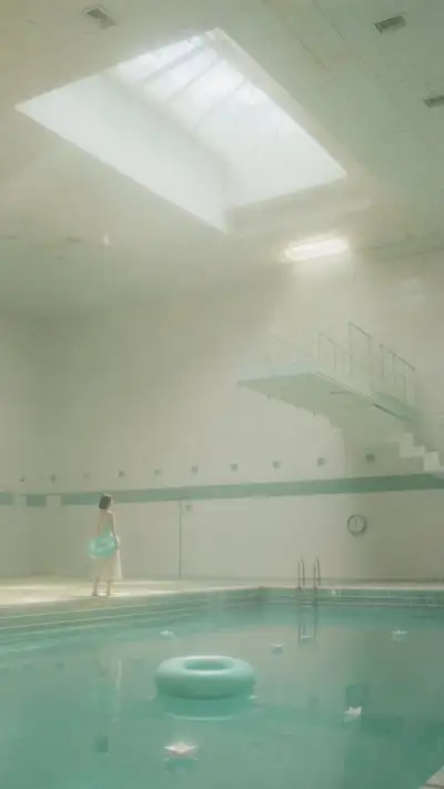 Dreamlike soft-focus portrait beside an empty indoor pool