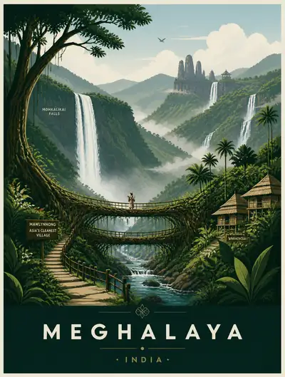 Meghalaya landscape flat vector travel poster