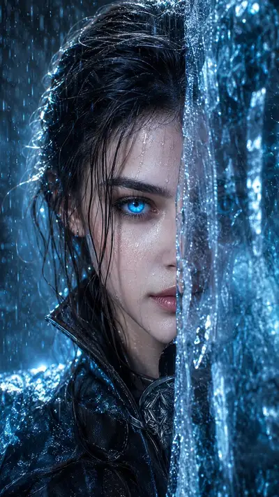 Icy Blue-Eyed Rain Portrait