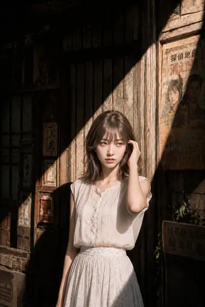 Sunlit alley portrait in a retro Japanese shopping street