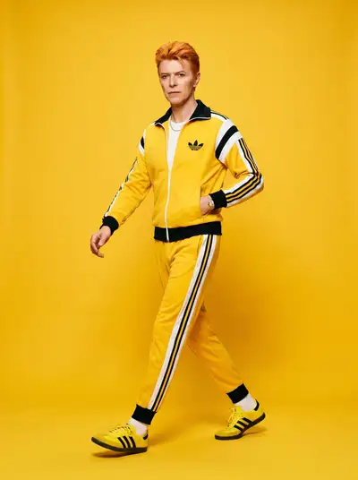 David Bowie fashion editorial on colored panel background