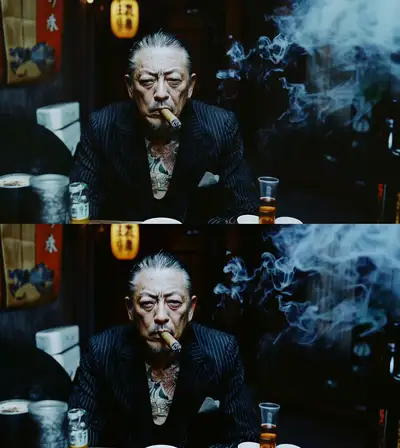 Yakuza fazendo careta com charuto