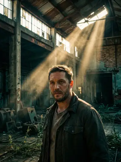 Cinematic portrait lit by god rays in an abandoned warehouse