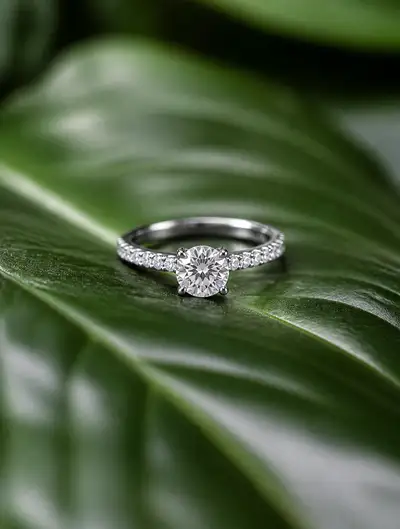 Diamond engagement ring on tropical leaf