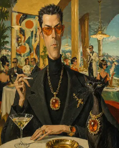 Surreal Retro Riviera Illustration of Man and Cat in Restaurant