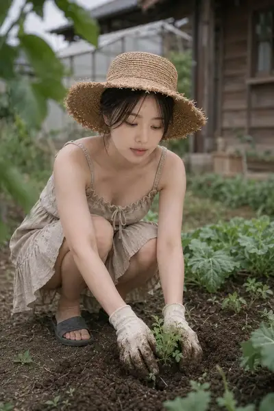 フォトリアリスティックな田園ガーデニングシーンのプロンプト