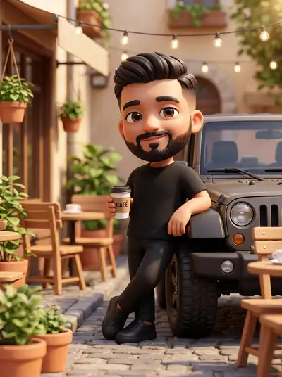 Personagem chibi com café e mini jipe