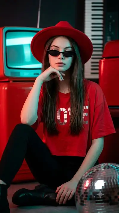 Ultra-realistic fashion portrait in retro neon room