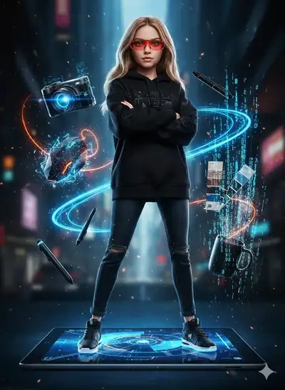Stylish doll portrait posed on a giant tablet with tech props