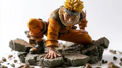 Modelo de escultura de personagem icônico sobre uma base de rocha fragmentada