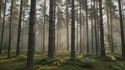 Cinematic Misty Pine Forest at Golden Hour