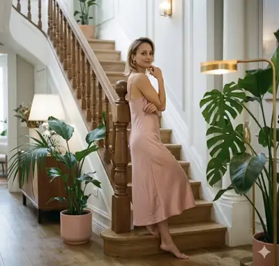 Simple Elegance: Woman in Pink Satin on Wooden Staircase