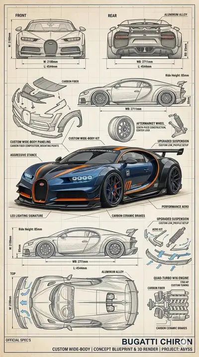 Fusion aus technischer Bauzeichnung und Render eines getunten Autos