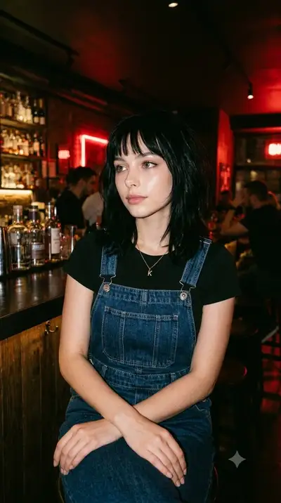 Young woman in denim overall dress at moody bar