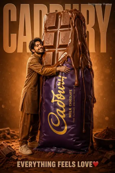 Giant chocolate bar hug advertisement poster prompt