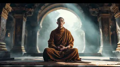 Monk Meditating with Golden Aura in Temple