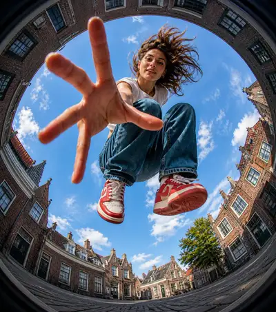 Ultra-wide Fisheye Crouching Woman with Sky Frame
