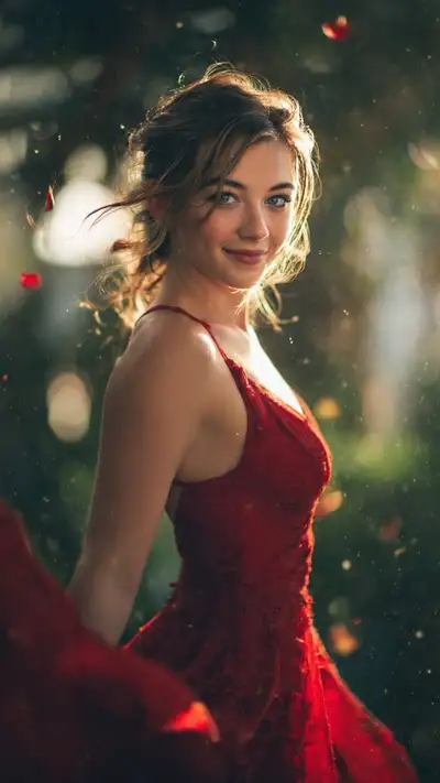 Mulher de vestido vermelho sob a luz dourada do sol, retrato com Meta AI