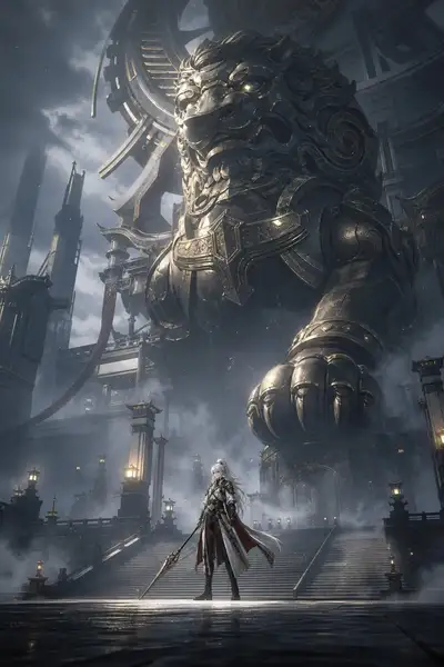 Forced-perspective composition with a giant statue and tiny figure